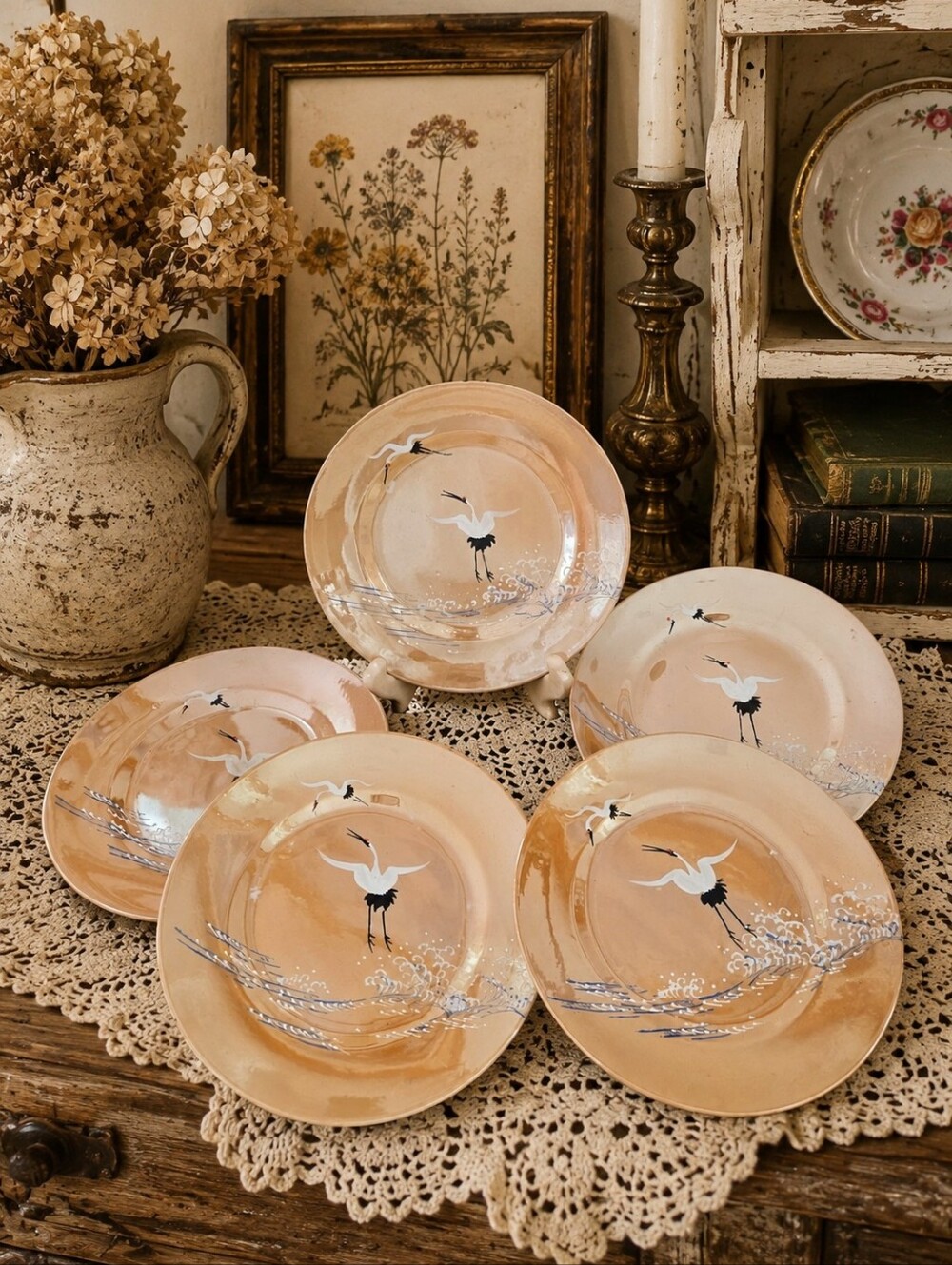 Vintage Japan Peach Lusterware Crane Plates Set 5